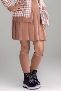 Kız Çocuk Kolları ve Yakası İnci Detaylı Bluz Kazayağı Desenli Triko Ceket Kahverengi Etekli Takım