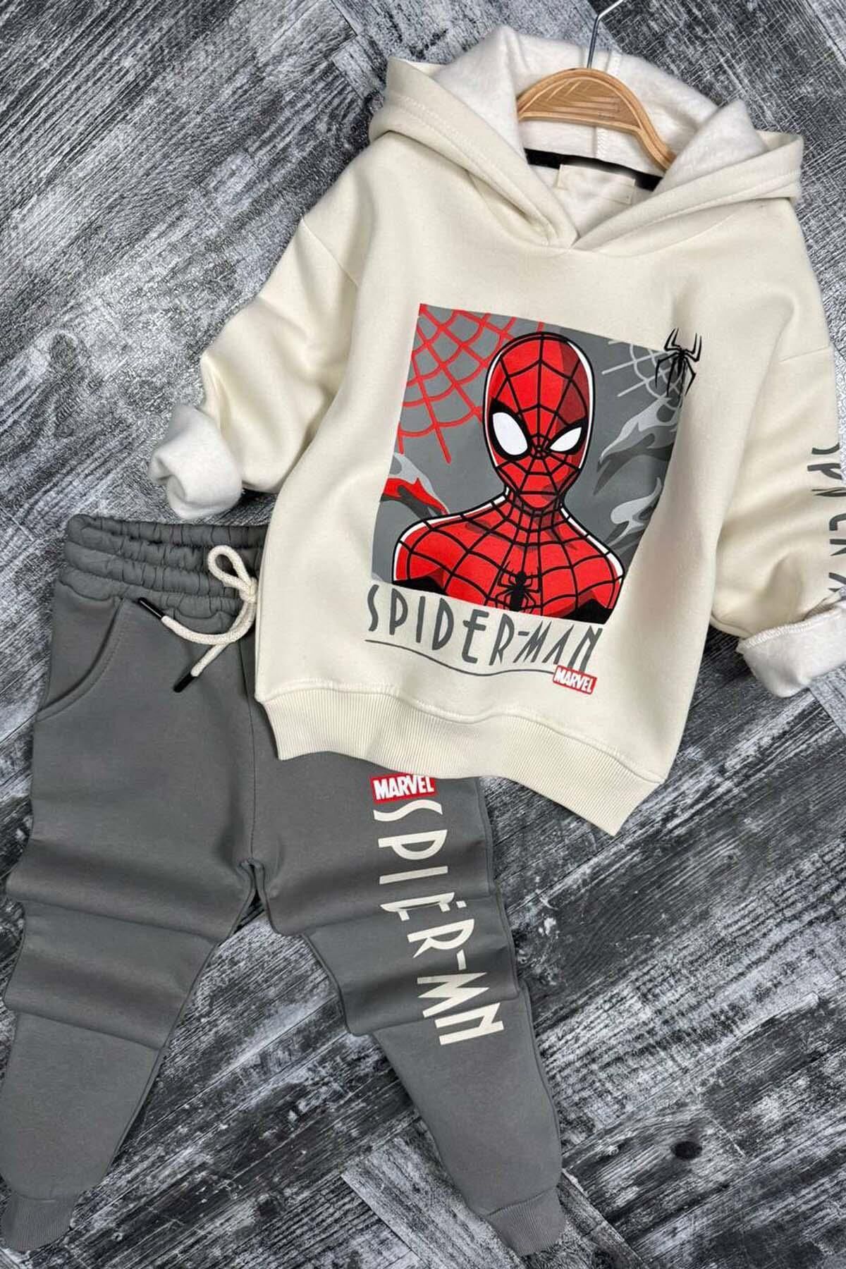 Erkek Çocuk Örümcek Adam Digital Baskılı Kapşonlu Sweat Gri Eşofman Takım