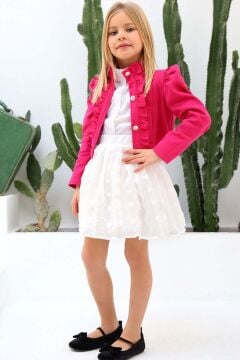 Kız Çocuk Puantiyeli Etek ve Denim Ceketli Fuşya Etekli Takım