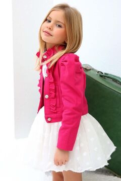 Kız Çocuk Puantiyeli Etek ve Denim Ceketli Fuşya Etekli Takım