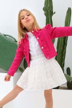 Kız Çocuk Puantiyeli Etek ve Denim Ceketli Fuşya Etekli Takım
