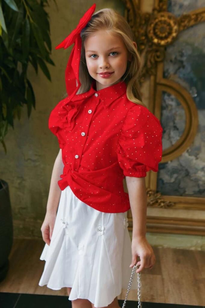 Kız Çocuk Balon Kol Üzeri Boydan Taş İşleme Asimetrik Kesim Kırmızı Gömlek Çiçek Motif Etekli Takım