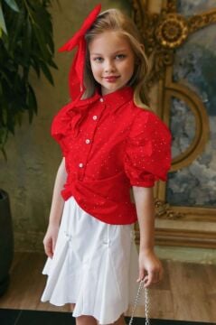 Kız Çocuk Balon Kol Üzeri Boydan Taş İşleme Asimetrik Kesim Kırmızı Gömlek Çiçek Motif Etekli Takım