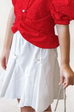 Kız Çocuk Balon Kol Üzeri Boydan Taş İşleme Asimetrik Kesim Kırmızı Gömlek Çiçek Motif Etekli Takım