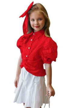 Kız Çocuk Balon Kol Üzeri Boydan Taş İşleme Asimetrik Kesim Kırmızı Gömlek Çiçek Motif Etekli Takım