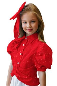 Kız Çocuk Balon Kol Üzeri Boydan Taş İşleme Asimetrik Kesim Kırmızı Gömlek Çiçek Motif Etekli Takım