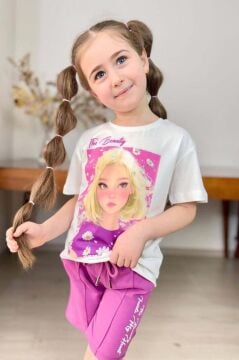 Kız Çocuk Papatya Ve The Beauty Yazı Baskılı Penye T-Shirt Mor Şortlu Takım