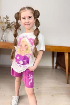 Kız Çocuk Papatya Ve The Beauty Yazı Baskılı Penye T-Shirt Mor Şortlu Takım