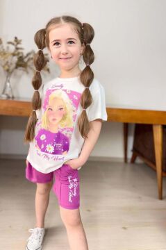 Kız Çocuk Papatya Ve The Beauty Yazı Baskılı Penye T-Shirt Mor Şortlu Takım