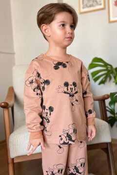 Erkek Çocuk Ayıcık Baskı Bilekleri ve Beli Lastikli Likralı Kazak Kahverengi Pijama Takım