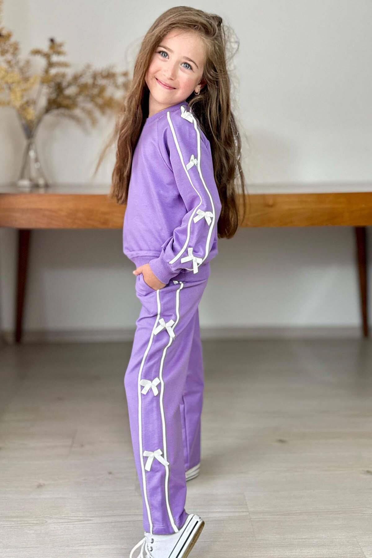 Kız Çocuk Kolları ve Gövdesi Fiyonk Şerit Detaylı Lila Eşofman Takım