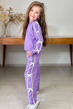 Kız Çocuk Kolları ve Gövdesi Fiyonk Şerit Detaylı Lila Eşofman Takım