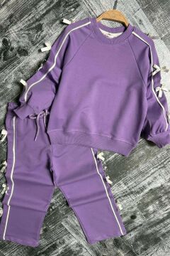 Kız Çocuk Kolları ve Gövdesi Fiyonk Şerit Detaylı Lila Eşofman Takım