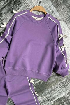 Kız Çocuk Kolları ve Gövdesi Fiyonk Şerit Detaylı Lila Eşofman Takım