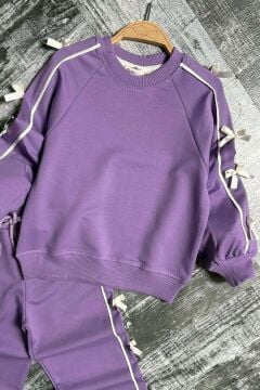 Kız Çocuk Kolları ve Gövdesi Fiyonk Şerit Detaylı Lila Eşofman Takım