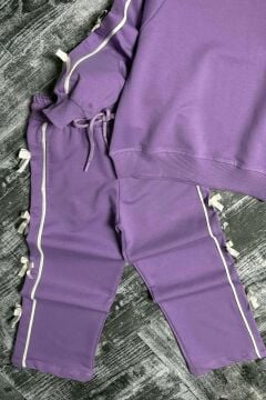 Kız Çocuk Kolları ve Gövdesi Fiyonk Şerit Detaylı Lila Eşofman Takım