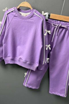 Kız Çocuk Kolları ve Gövdesi Fiyonk Şerit Detaylı Lila Eşofman Takım