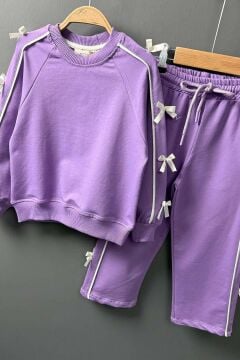 Kız Çocuk Kolları ve Gövdesi Fiyonk Şerit Detaylı Lila Eşofman Takım