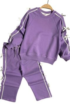 Kız Çocuk Kolları ve Gövdesi Fiyonk Şerit Detaylı Lila Eşofman Takım