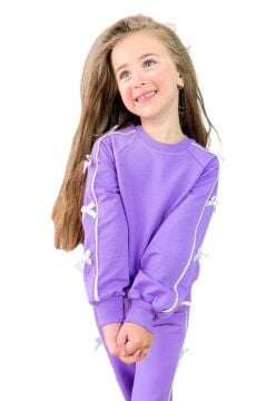 Kız Çocuk Kolları ve Gövdesi Fiyonk Şerit Detaylı Lila Eşofman Takım