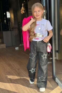 Kız Çocuk Baskılı T-shirt Bol Kesim Yıldız Detaylı Jean Pantolon Fuşya Blazer Ceket Alt Üst Takım