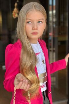 Kız Çocuk Baskılı T-shirt Bol Kesim Yıldız Detaylı Jean Pantolon Fuşya Blazer Ceket Alt Üst Takım