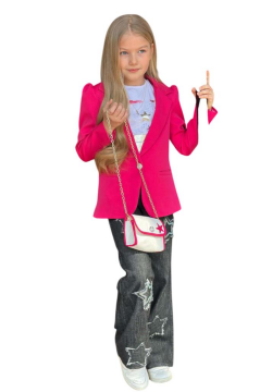 Kız Çocuk Baskılı T-shirt Bol Kesim Yıldız Detaylı Jean Pantolon Fuşya Blazer Ceket Alt Üst Takım