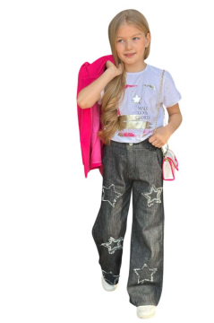 Kız Çocuk Baskılı T-shirt Bol Kesim Yıldız Detaylı Jean Pantolon Fuşya Blazer Ceket Alt Üst Takım