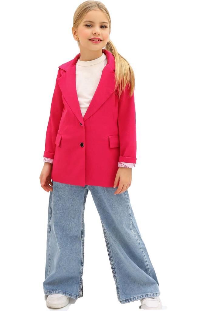 Kız Çocuk Bol Kesim Pantolon ve Blazer Ceket Pembe Alt Üst Takım