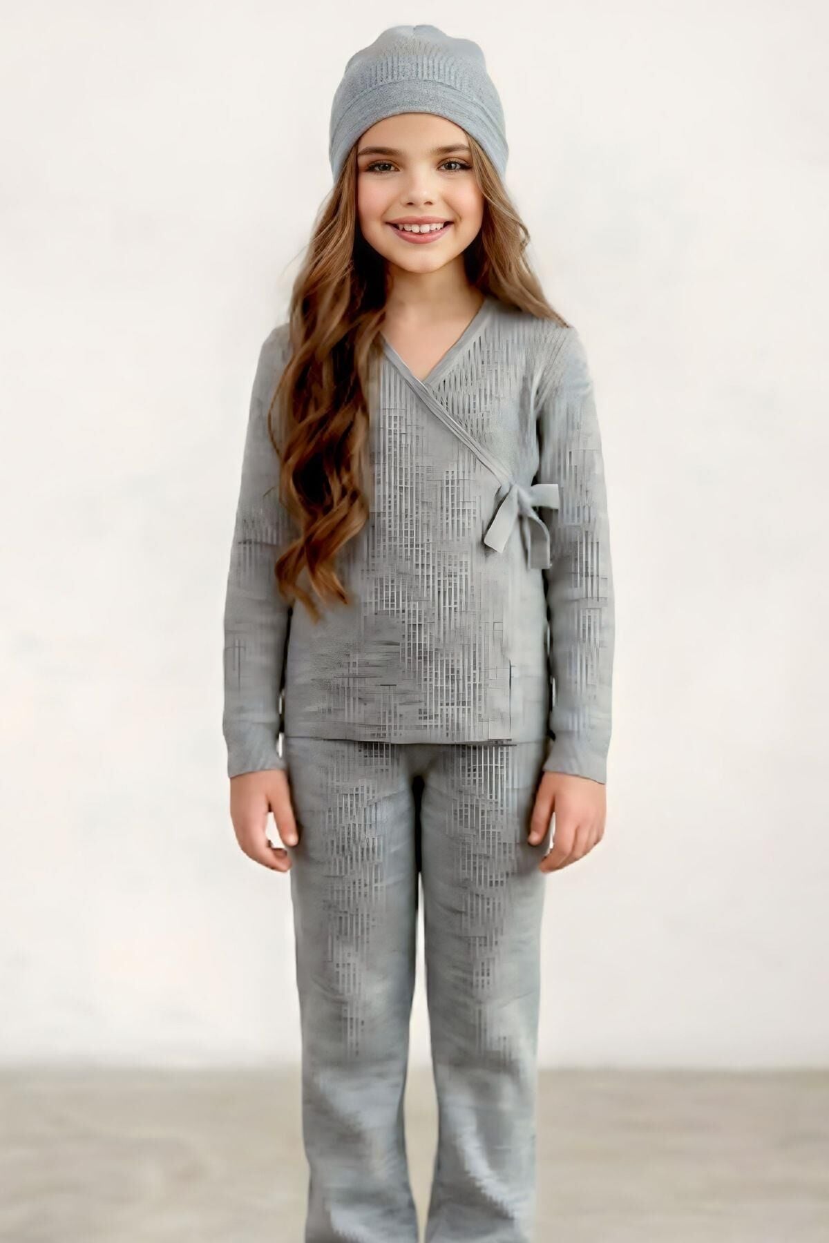Kız Çocuk Fitilli Triko Bere Hediyeli Gri Alt Üst Takım