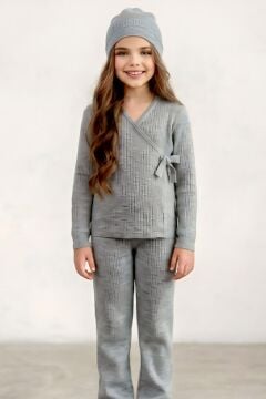 Kız Çocuk Fitilli Triko Bere Hediyeli Gri Alt Üst Takım