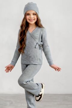 Kız Çocuk Fitilli Triko Bere Hediyeli Gri Alt Üst Takım