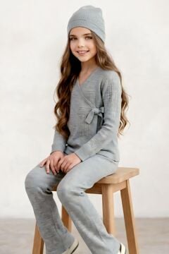 Kız Çocuk Fitilli Triko Bere Hediyeli Gri Alt Üst Takım
