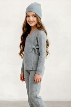 Kız Çocuk Fitilli Triko Bere Hediyeli Gri Alt Üst Takım
