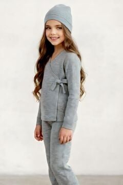 Kız Çocuk Fitilli Triko Bere Hediyeli Gri Alt Üst Takım