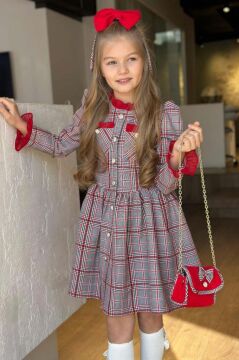 Kız Çocuk Yakası ve Kolları Fırfırlı Üzeri Boydan Düğme ve Ekose Detaylı Kırmızı Elbise