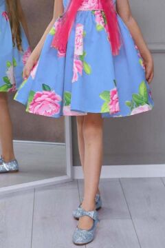 Kız Çocuk Çiçek Baskılı Yakası Transparan Fiyonk Detaylı Mavi Elbise