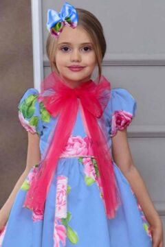 Kız Çocuk Çiçek Baskılı Yakası Transparan Fiyonk Detaylı Mavi Elbise