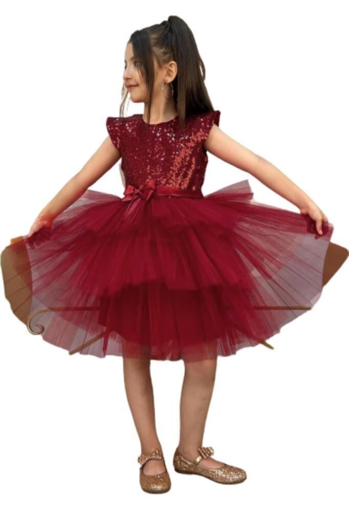 Kız Çocuk Üstü Pulpayet İşlemeli Katkat Bordo Abiye 4-7 Yaş