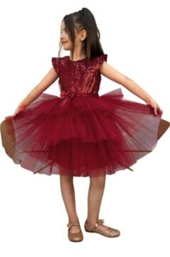 Kız Çocuk Üstü Pulpayet İşlemeli Katkat Bordo Abiye 4-7 Yaş