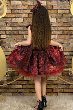 Kız Çocuk Üstü Pulpayet İşlemeli Katkat Bordo Abiye 4-7 Yaş