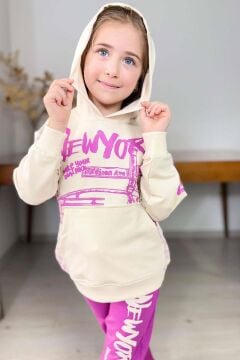 Kız Çocuk Üzeri New York Yazı Detaylı Bilekleri Manşetli Sweatshirt Mor Eşofman Takım