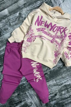 Kız Çocuk Üzeri New York Yazı Detaylı Bilekleri Manşetli Sweatshirt Mor Eşofman Takım