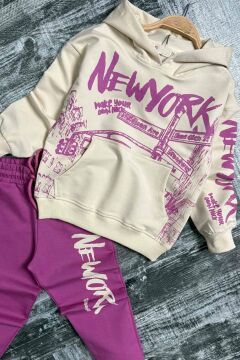Kız Çocuk Üzeri New York Yazı Detaylı Bilekleri Manşetli Sweatshirt Mor Eşofman Takım
