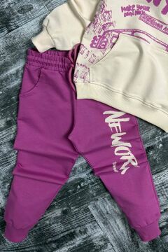 Kız Çocuk Üzeri New York Yazı Detaylı Bilekleri Manşetli Sweatshirt Mor Eşofman Takım