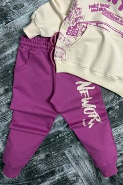 Kız Çocuk Üzeri New York Yazı Detaylı Bilekleri Manşetli Sweatshirt Mor Eşofman Takım
