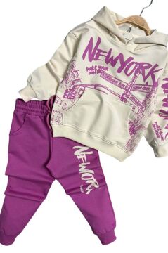 Kız Çocuk Üzeri New York Yazı Detaylı Bilekleri Manşetli Sweatshirt Mor Eşofman Takım