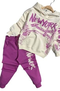 Kız Çocuk Üzeri New York Yazı Detaylı Bilekleri Manşetli Sweatshirt Mor Eşofman Takım