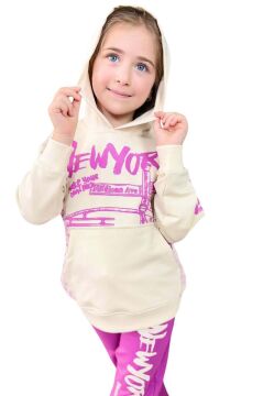 Kız Çocuk Üzeri New York Yazı Detaylı Bilekleri Manşetli Sweatshirt Mor Eşofman Takım