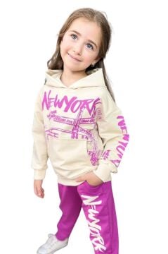 Kız Çocuk Üzeri New York Yazı Detaylı Bilekleri Manşetli Sweatshirt Mor Eşofman Takım